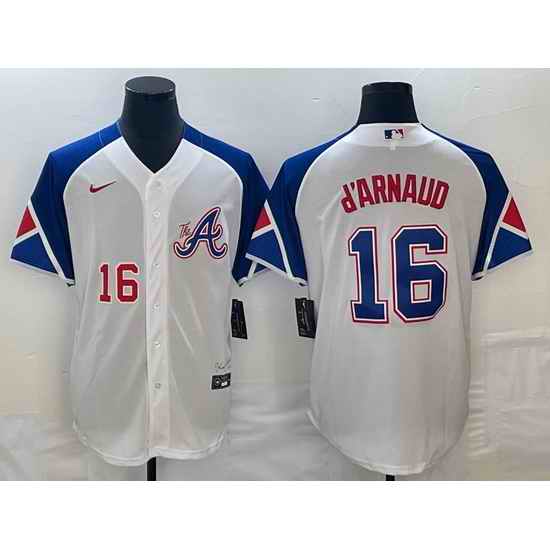 Men's Atlanta Braves #16 Travis dArnaud Number White 2023 City Connect Cool Base Stitched Jersey